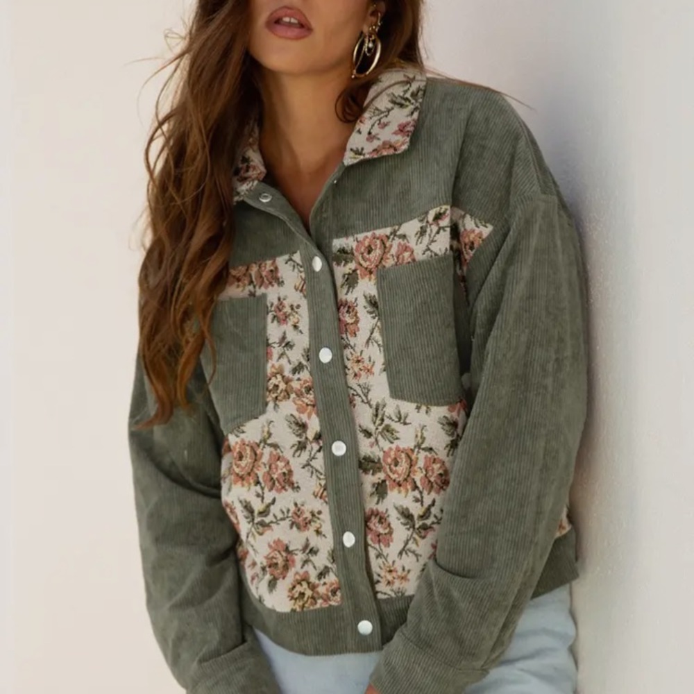 Retro Floral Corduroy Ribbed Jacket - Green - Picture 3 of 4